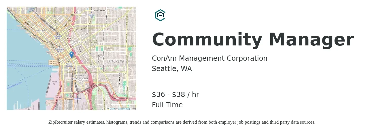 ConAm Management job posting for a Community Manager in Seattle, WA with a salary of $36 to $38 Hourly with a map of Seattle location.