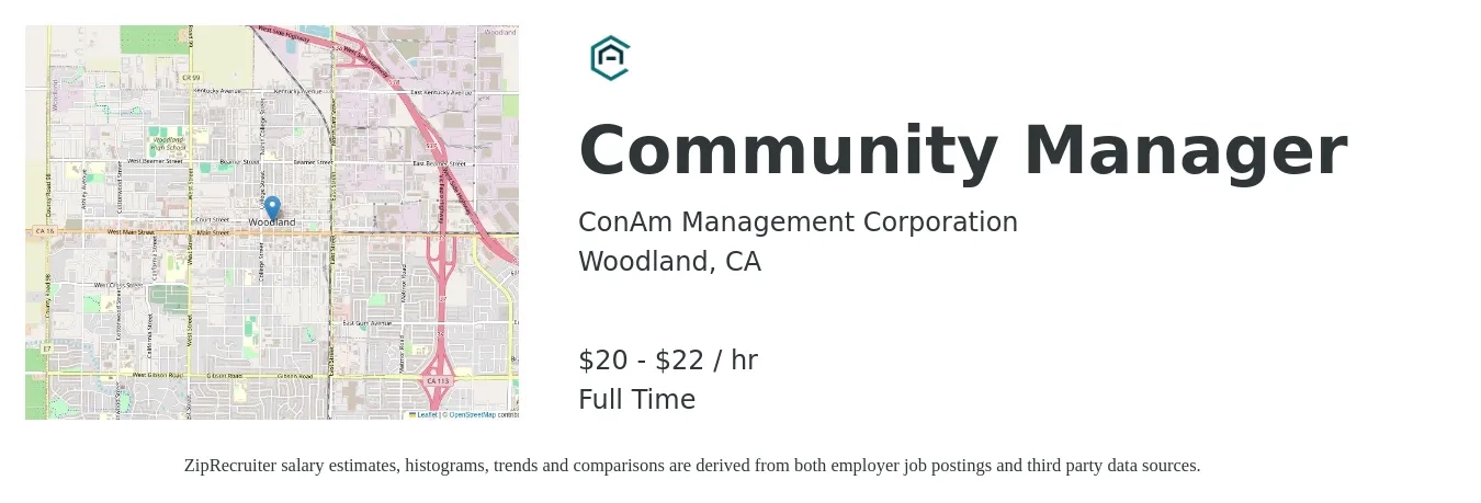 ConAm Management Corporation job posting for a Community Manager in Woodland, CA with a salary of $21 to $23 Hourly with a map of Woodland location.
