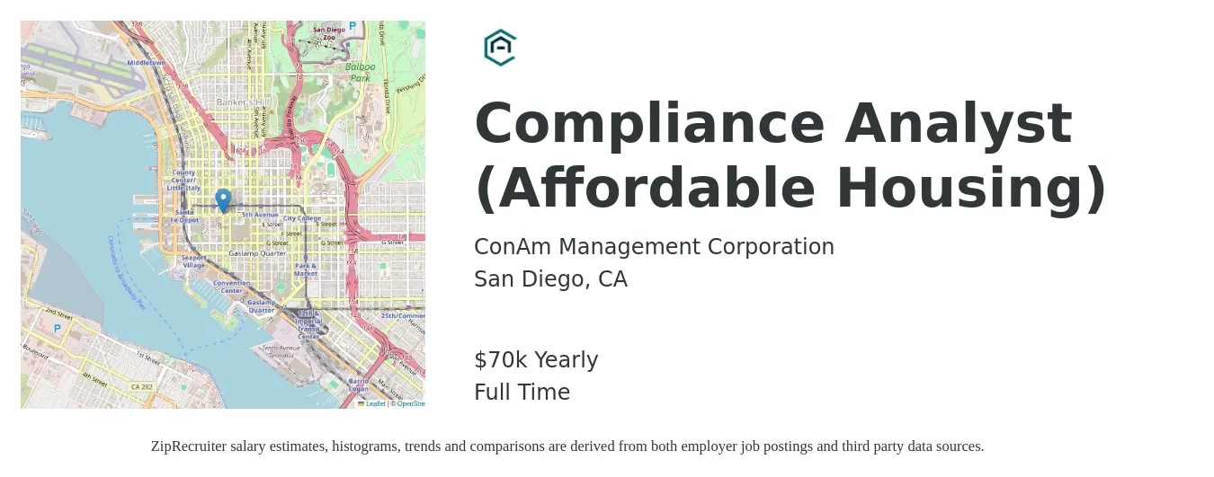 ConAm Management Corporation job posting for a Compliance Analyst (Affordable Housing) in San Diego, CA with a salary of $70,000 Yearly with a map of San Diego location.