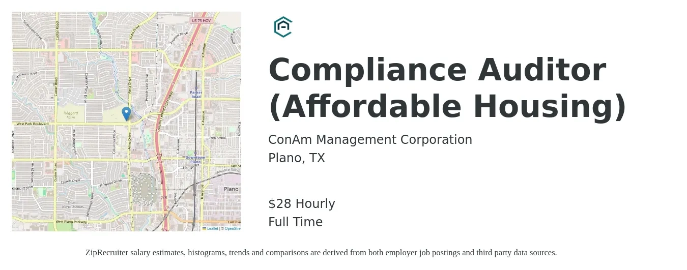 ConAm Management job posting for a Compliance Auditor (Affordable Housing) in Plano, TX with a salary of $29 Hourly with a map of Plano location.