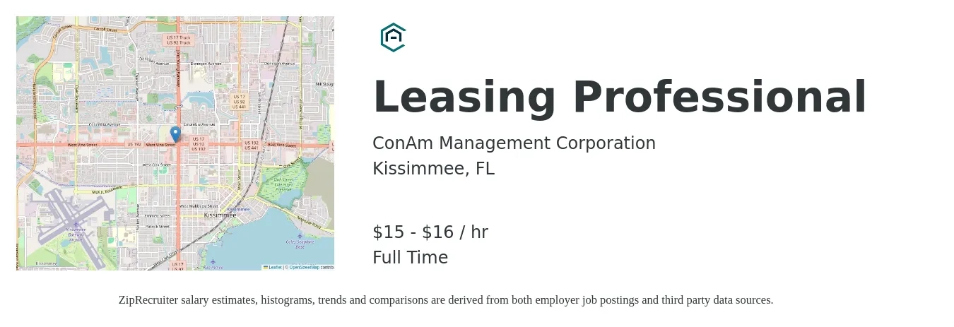 ConAm Management Corporation job posting for a Leasing Professional in Kissimmee, FL with a salary of $16 to $17 Hourly with a map of Kissimmee location.