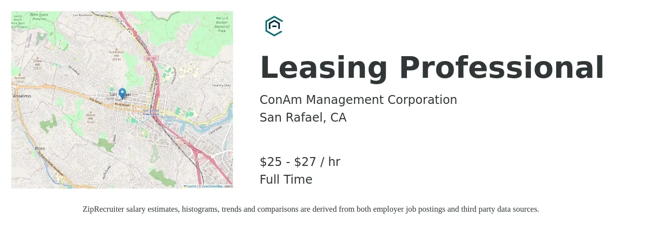 ConAm Management Corporation job posting for a Leasing Professional in San Rafael, CA with a salary of $27 to $29 Hourly with a map of San Rafael location.