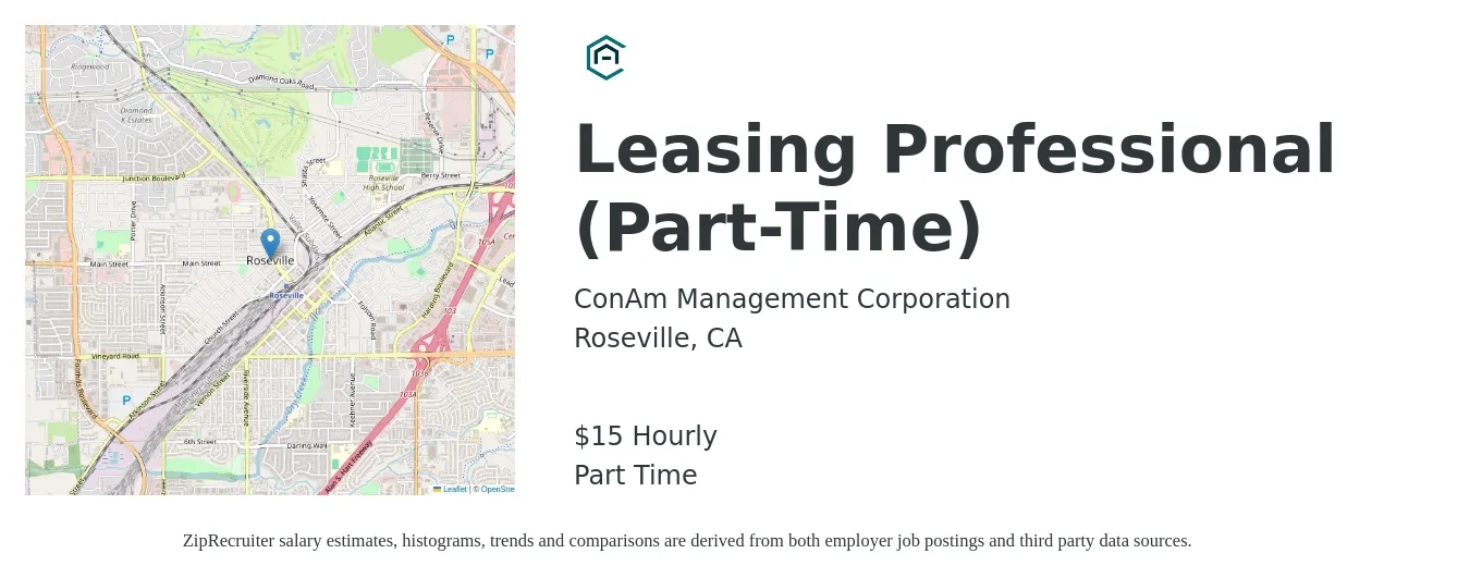 ConAm Management Corporation job posting for a Leasing Professional (Part-Time) in Roseville, CA with a salary of $16 Hourly with a map of Roseville location.