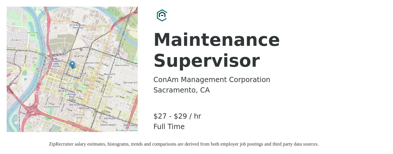 ConAm Management Corporation job posting for a Maintenance Supervisor in Sacramento, CA with a salary of $28 to $30 Hourly with a map of Sacramento location.