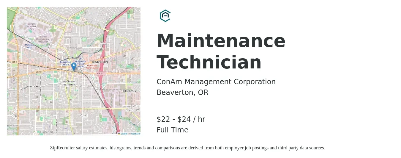 ConAm Management Corporation job posting for a Maintenance Technician in Beaverton, OR with a salary of $23 to $25 Hourly with a map of Beaverton location.