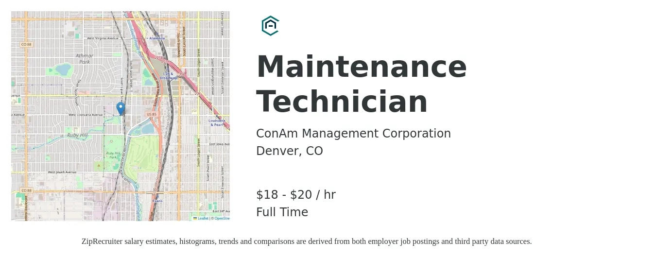ConAm Management Corporation job posting for a Maintenance Technician in Denver, CO with a salary of $19 to $21 Hourly with a map of Denver location.