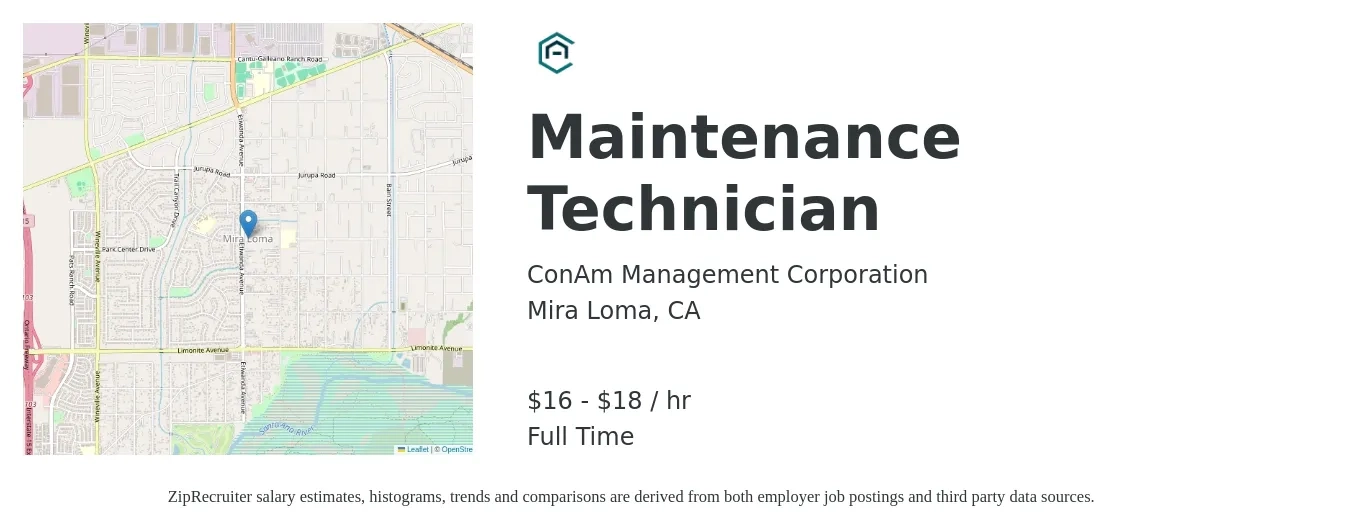 ConAm Management Corporation job posting for a Maintenance Technician in Mira Loma, CA with a salary of $17 to $19 Hourly with a map of Mira Loma location.