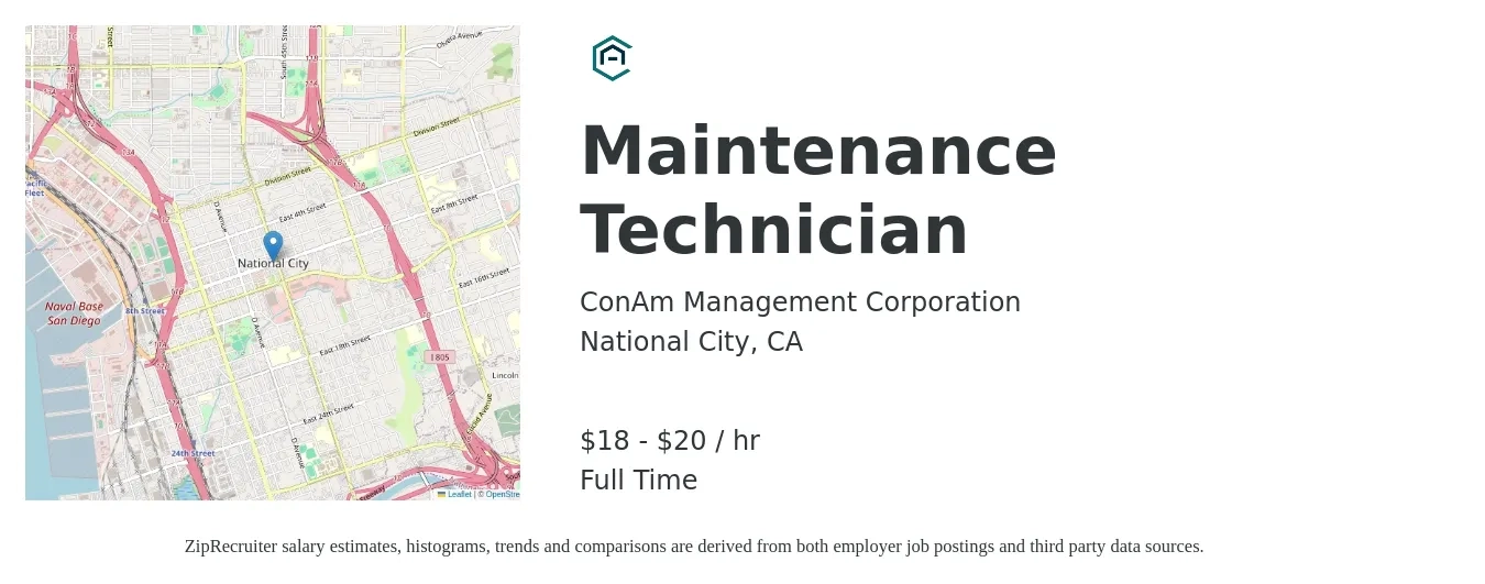 ConAm Management Corporation job posting for a Maintenance Technician in National City, CA with a salary of $19 to $21 Hourly with a map of National City location.