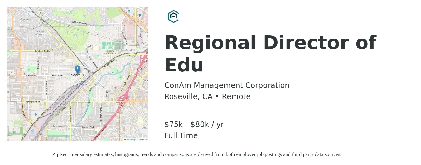 ConAm Management Corporation job posting for a Regional Director of Edu in Roseville, CA with a salary of $75,000 to $80,000 Yearly with a map of Roseville location.