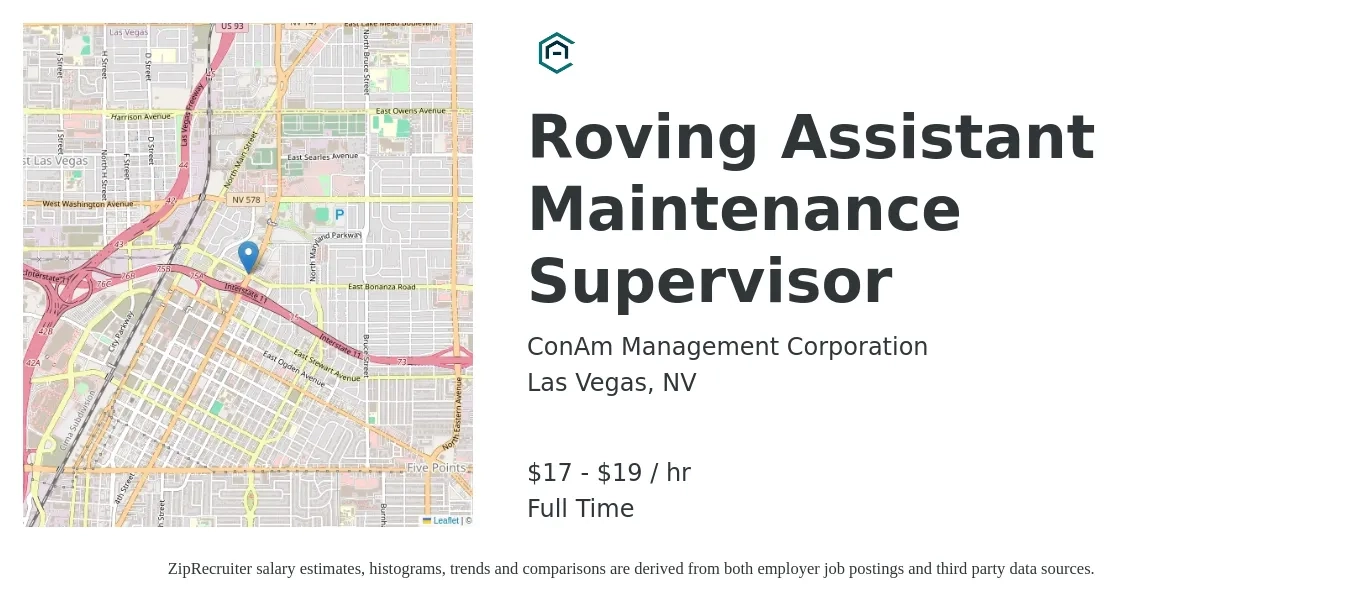 ConAm Management Corporation job posting for a Roving Assistant Maintenance Supervisor in Las Vegas, NV with a salary of $18 to $20 Hourly with a map of Las Vegas location.
