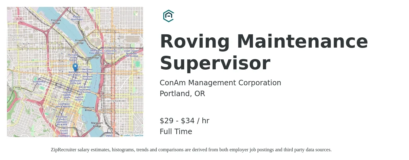 ConAm Management Corporation job posting for a Roving Maintenance Supervisor in Portland, OR with a salary of $31 to $36 Hourly with a map of Portland location.