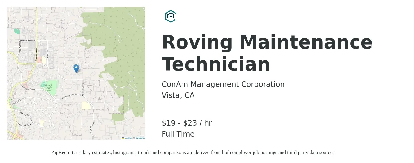 ConAm Management Corporation job posting for a Roving Maintenance Technician in Vista, CA with a salary of $20 to $24 Hourly with a map of Vista location.