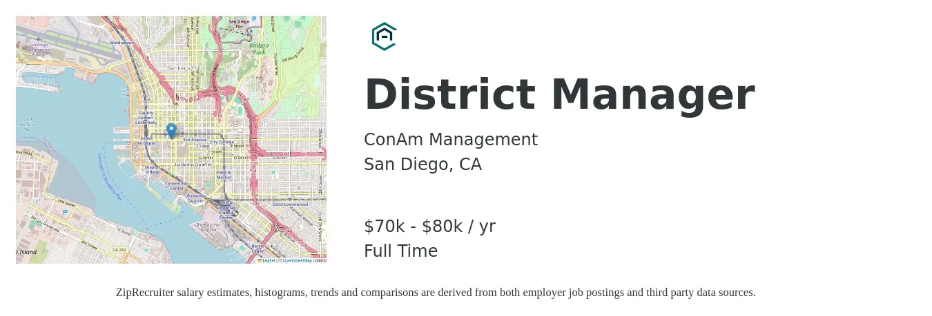 ConAm Management Corporation job posting for a District Manager in San Diego, CA with a salary of $70,000 to $80,000 Yearly with a map of San Diego location.