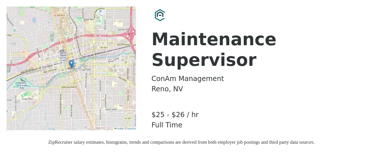 ConAm Management Corporation job posting for a Maintenance Supervisor in Reno, NV with a salary of $26 to $28 Hourly with a map of Reno location.