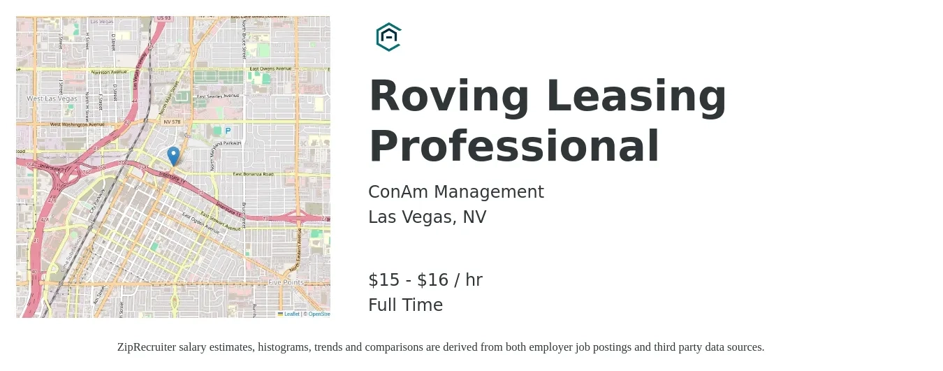 ConAm Management Corporation job posting for a Roving Leasing Professional in Las Vegas, NV with a salary of $16 to $18 Hourly with a map of Las Vegas location.