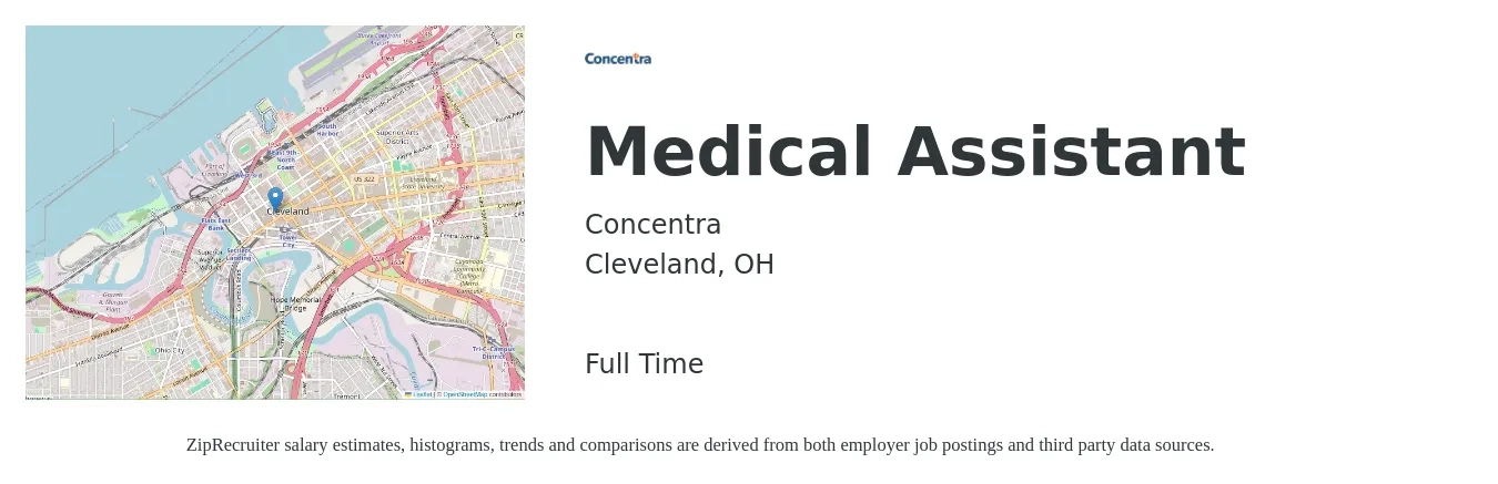 Concentra job posting for a Medical Assistant in Cleveland, OH with a salary of $17 to $22 Hourly with a map of Cleveland location.