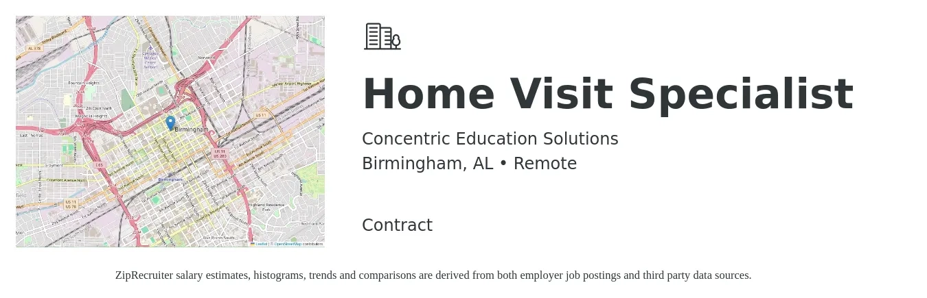 Concentric Education Solutions job posting for a Home Visit Specialist in Birmingham, AL with a salary of $25 to $30 Hourly with a map of Birmingham location.