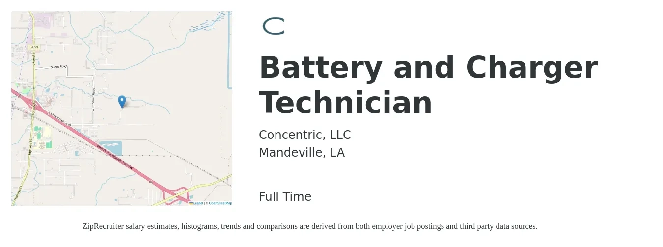 Concentric, LLC job posting for a Battery and Charger Technician in Mandeville, LA with a salary of $36,500 to $54,500 Yearly with a map of Mandeville location.