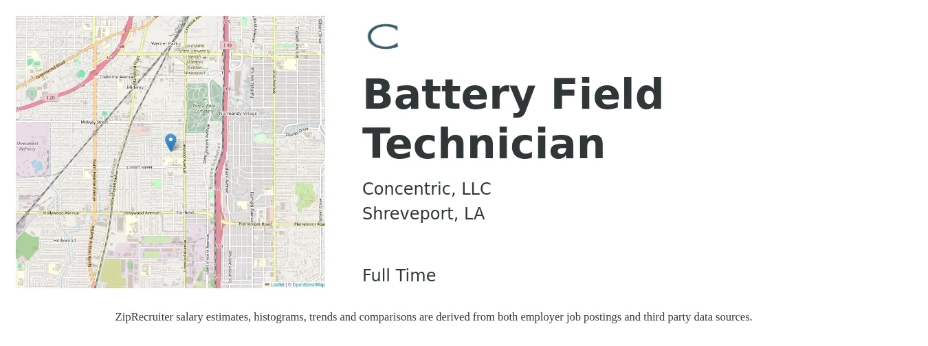 Concentric, LLC job posting for a Battery Field Technician in Shreveport, LA with a salary of $16 to $24 Hourly with a map of Shreveport location.
