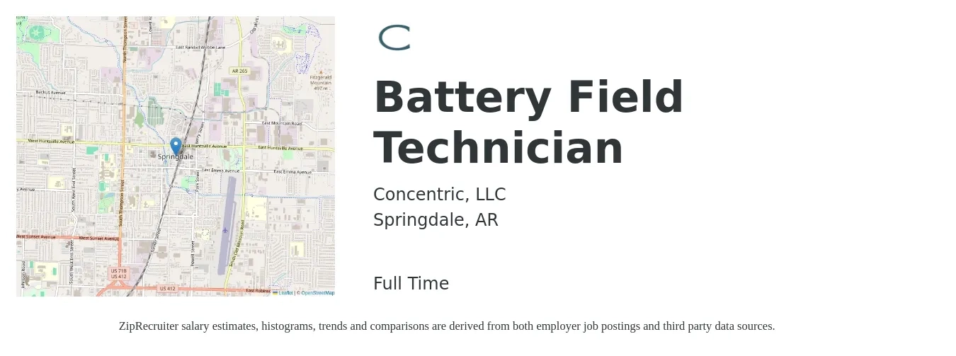 Concentric, LLC job posting for a Battery Field Technician in Springdale, AR with a salary of $18 to $26 Hourly with a map of Springdale location.