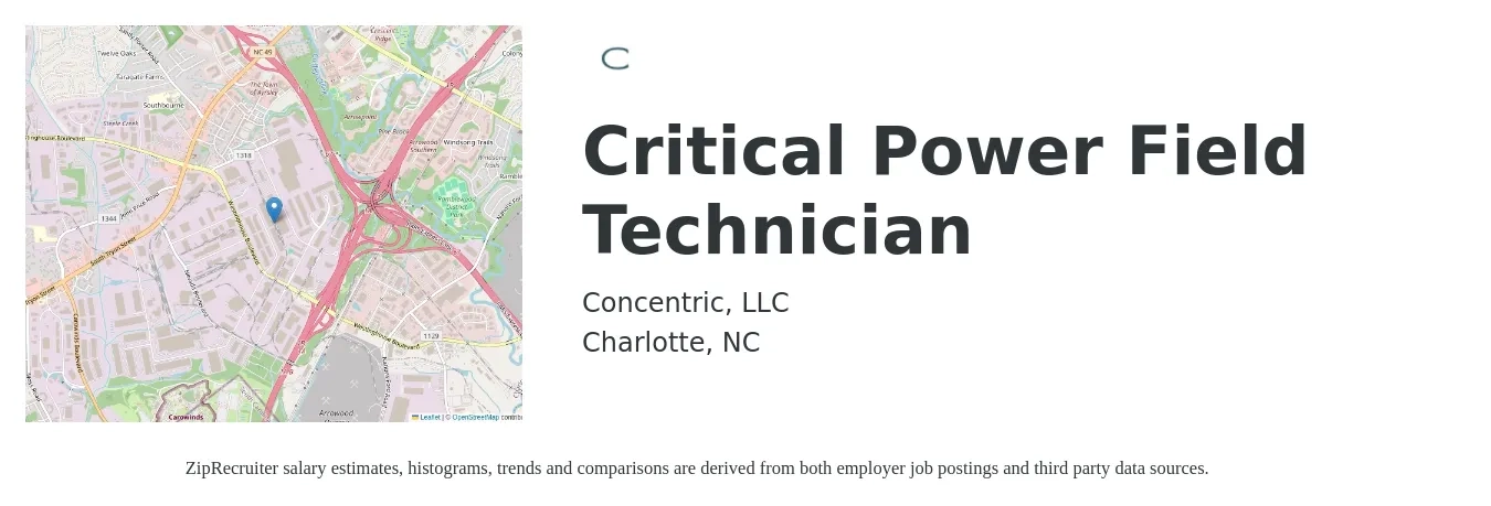 Concentric, LLC job posting for a Critical Power Field Technician in Charlotte, NC with a salary of $20 to $29 Hourly with a map of Charlotte location.