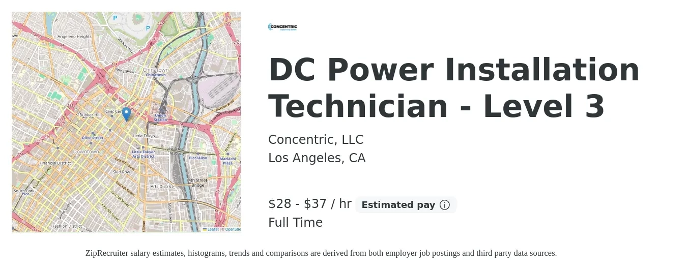 Concentric, LLC job posting for a DC Power Installation Technician - Level 3 in Los Angeles, CA with a salary of $30 to $39 Hourly with a map of Los Angeles location.