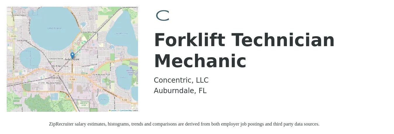 Concentric, LLC job posting for a Forklift Technician Mechanic in Auburndale, FL with a salary of $20 to $27 Hourly with a map of Auburndale location.