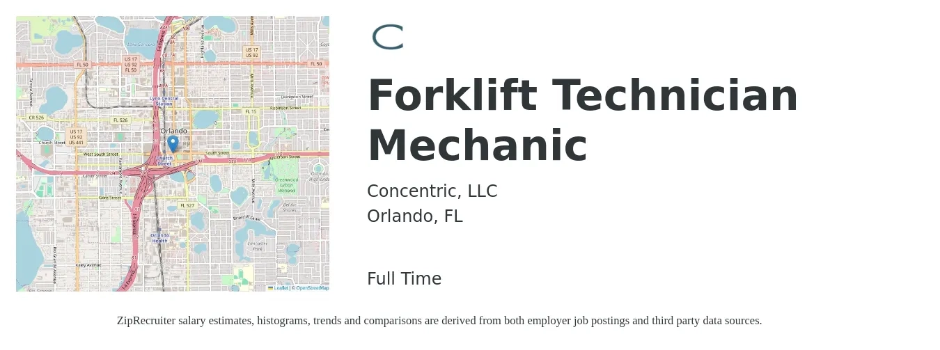 Concentric, LLC job posting for a Forklift Technician Mechanic in Orlando, FL with a salary of $22 to $30 Hourly with a map of Orlando location.
