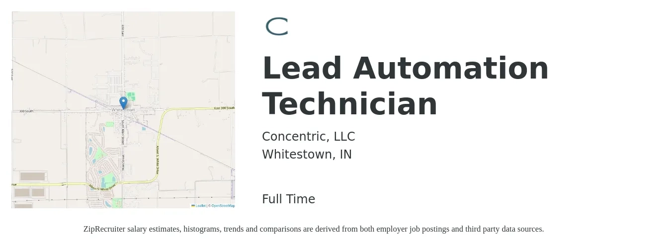 Concentric, LLC job posting for a Lead Automation Technician in Whitestown, IN with a salary of $43,000 Yearly with a map of Whitestown location.