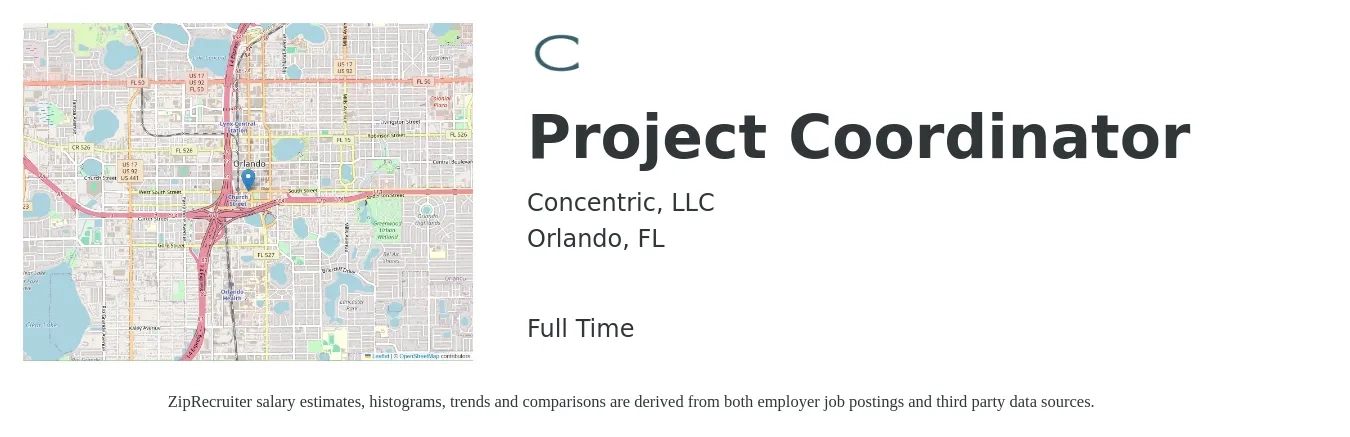Concentric, LLC job posting for a Project Coordinator in Orlando, FL with a salary of $22 to $32 Hourly with a map of Orlando location.