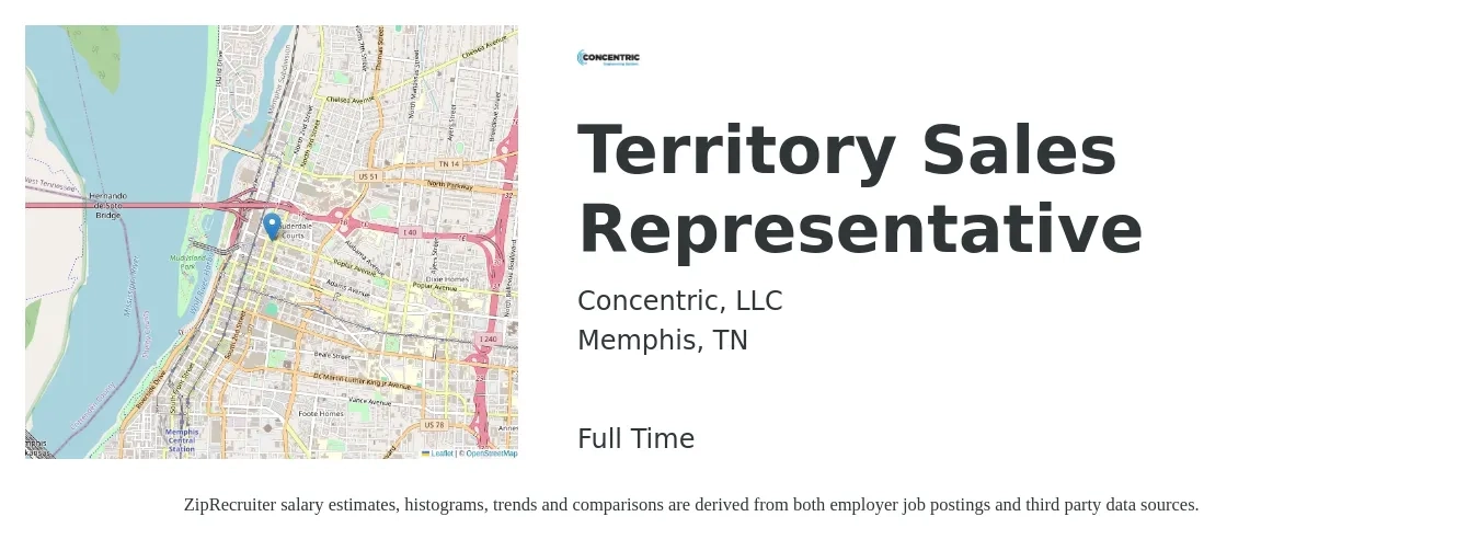 Concentric, LLC job posting for a Territory Sales Representative in Memphis, TN with a salary of $44,900 to $74,500 Yearly with a map of Memphis location.