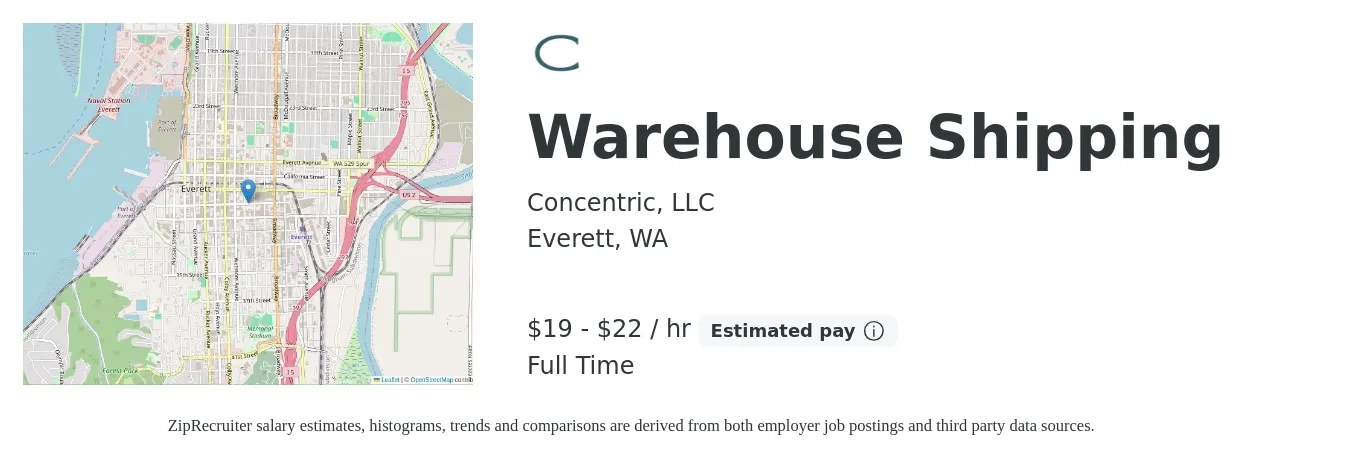 Concentric, LLC job posting for a Warehouse Shipping in Everett, WA with a salary of $20 to $23 Hourly with a map of Everett location.