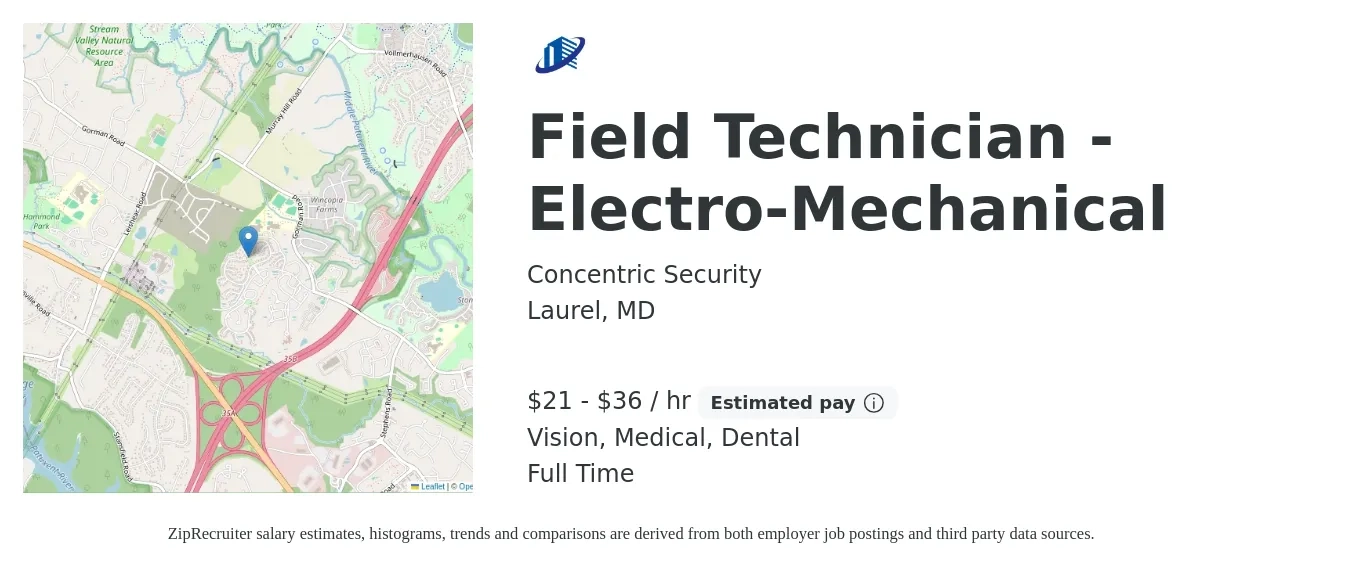 Concentric Security job posting for a Field Technician - Electro-Mechanical in Laurel, MD with a salary of $22 to $38 Hourly and benefits including medical, vision, 401k, dental, and life_insurance with a map of Laurel location.