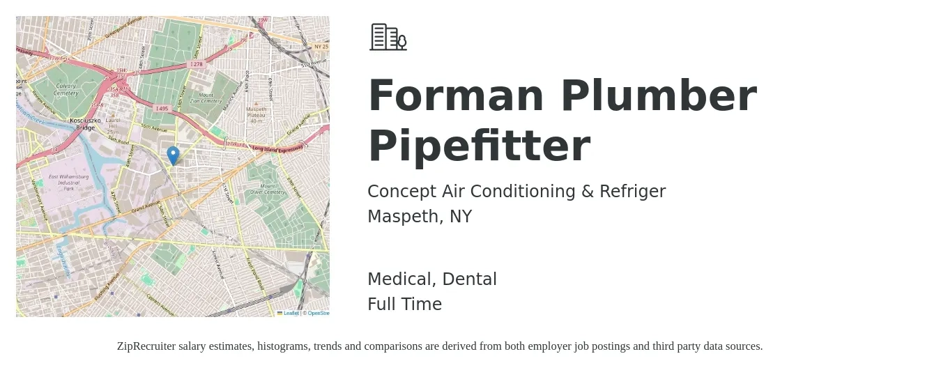Concept Air Conditioning & Refriger job posting for a Forman Plumber Pipefitter in Maspeth, NY with a salary of $1,000 to $2,500 Weekly and benefits including retirement, dental, and medical with a map of Maspeth location.