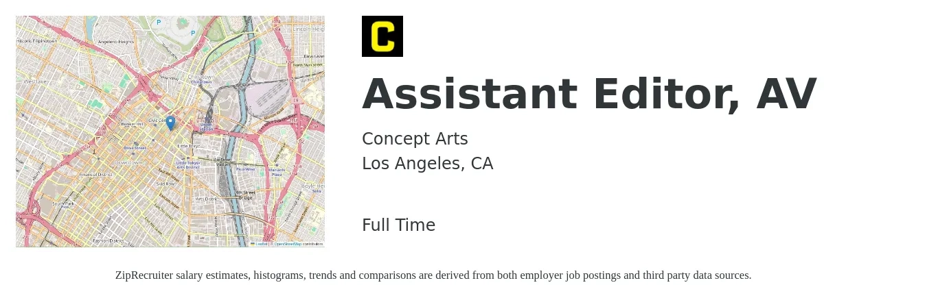 Concept Arts job posting for a Assistant Editor, AV in Los Angeles, CA with a salary of $24 to $31 Hourly with a map of Los Angeles location.