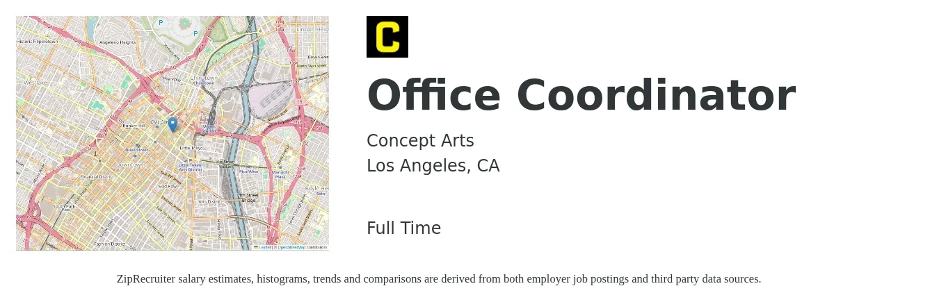Concept Arts job posting for a Office Coordinator in Los Angeles, CA with a salary of $16 to $21 Hourly with a map of Los Angeles location.