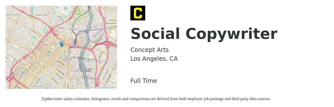 Concept Arts job posting for a Social Copywriter in Los Angeles, CA with a salary of $31 to $46 Hourly with a map of Los Angeles location.