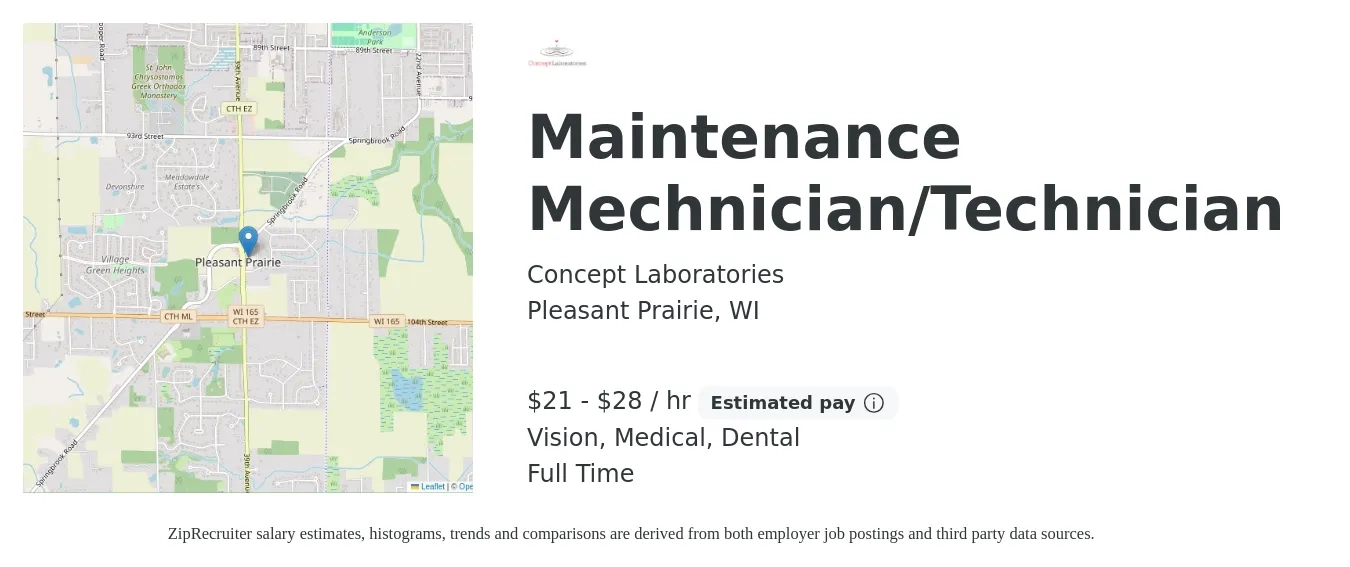 Concept Laboratories job posting for a Maintenance Mechnician/Technician in Pleasant Prairie, WI with a salary of $22 to $30 Hourly and benefits including dental, life_insurance, medical, retirement, and vision with a map of Pleasant Prairie location.