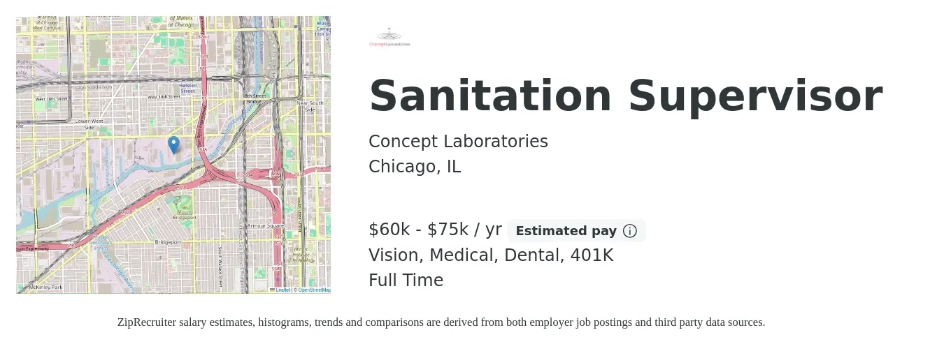 Concept Laboratories job posting for a Sanitation Supervisor in Chicago, IL with a salary of $60,000 to $75,000 Yearly and benefits including 401k, dental, life_insurance, medical, and vision with a map of Chicago location.