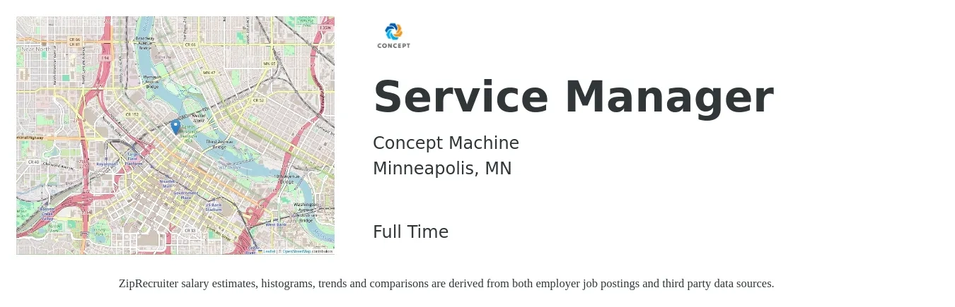 Concept Machine job posting for a Service Manager in Minneapolis, MN with a salary of $54,300 to $84,000 Yearly with a map of Minneapolis location.