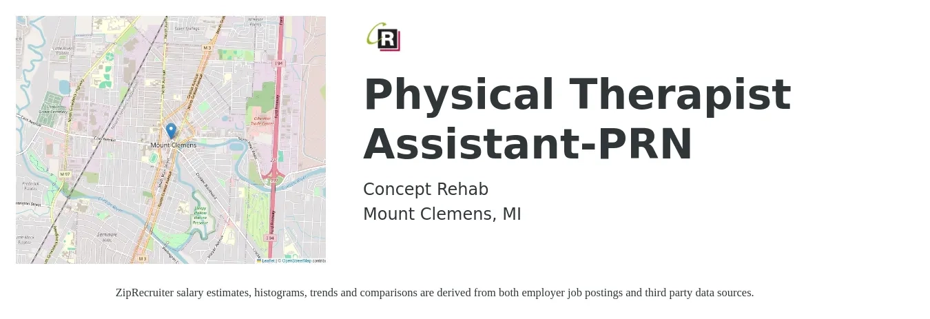 Concept Rehab job posting for a Physical Therapist Assistant-PRN in Mount Clemens, MI with a salary of $26 to $35 Hourly with a map of Mount Clemens location.
