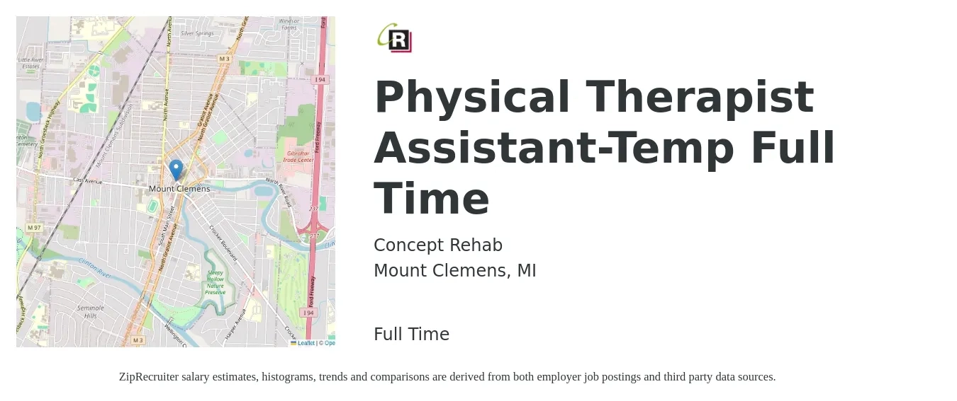 Concept Rehab job posting for a Physical Therapist Assistant-Temp Full Time in Mount Clemens, MI with a salary of $26 to $35 Hourly with a map of Mount Clemens location.
