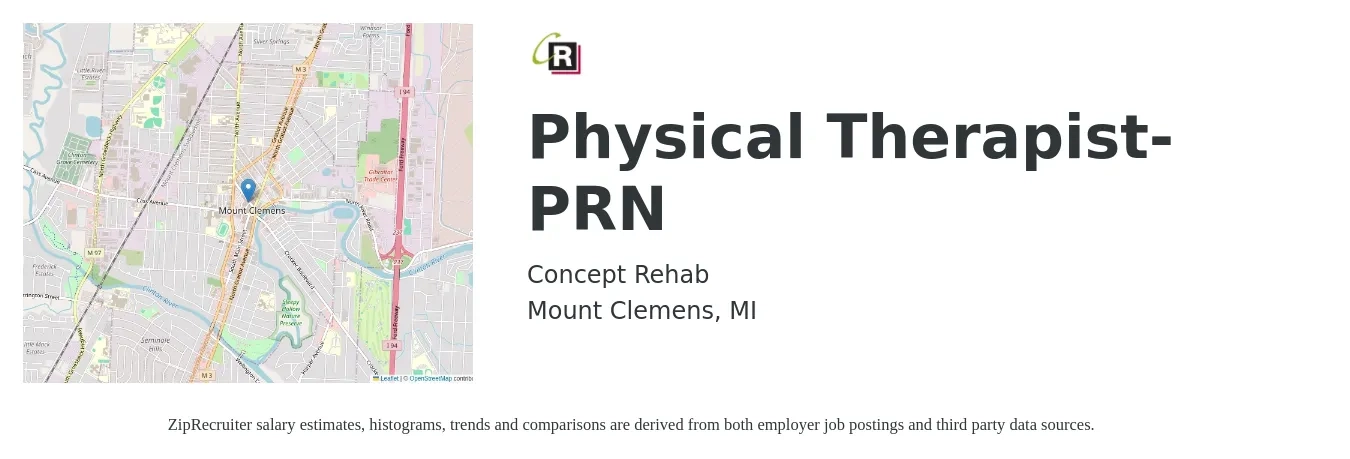 Concept Rehab job posting for a Physical Therapist-PRN in Mount Clemens, MI with a salary of $1,560 to $2,020 Weekly with a map of Mount Clemens location.