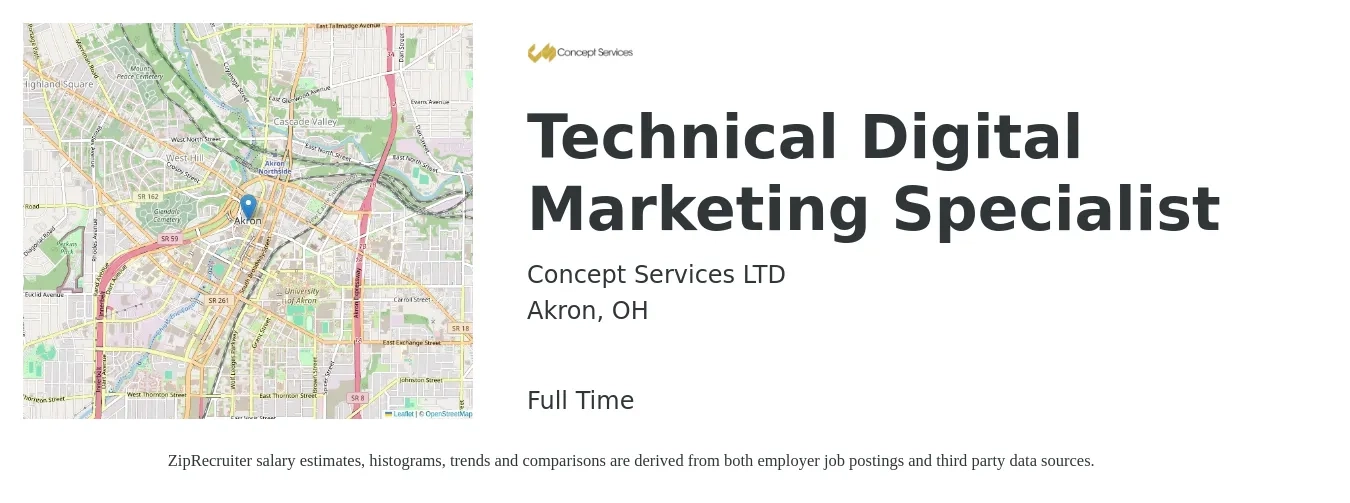 Concept Services LTD job posting for a Technical Digital Marketing Specialist in Akron, OH with a salary of $47,800 to $71,300 Yearly with a map of Akron location.
