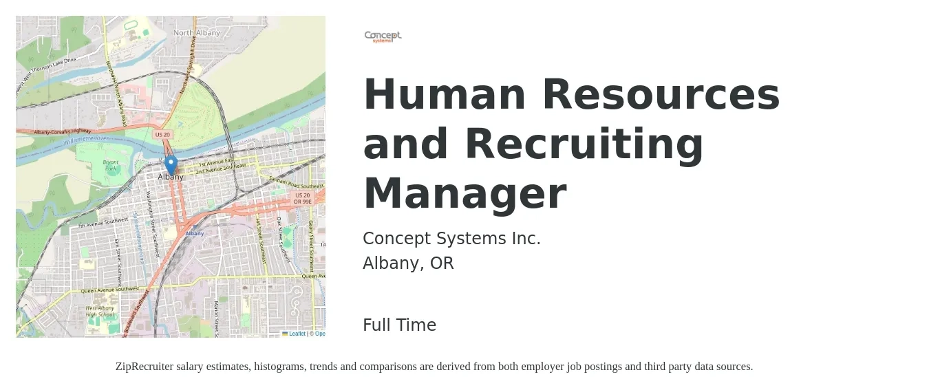 Concept Systems Inc. job posting for a Human Resources and Recruiting Manager in Albany, OR with a salary of $67,600 to $98,000 Yearly with a map of Albany location.