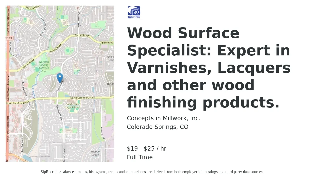 Concepts in Millwork, Inc. job posting for a Wood Surface Specialist: Expert in Varnishes, Lacquers and other wood finishing products. in Colorado Springs, CO with a salary of $20 to $27 Hourly with a map of Colorado Springs location.