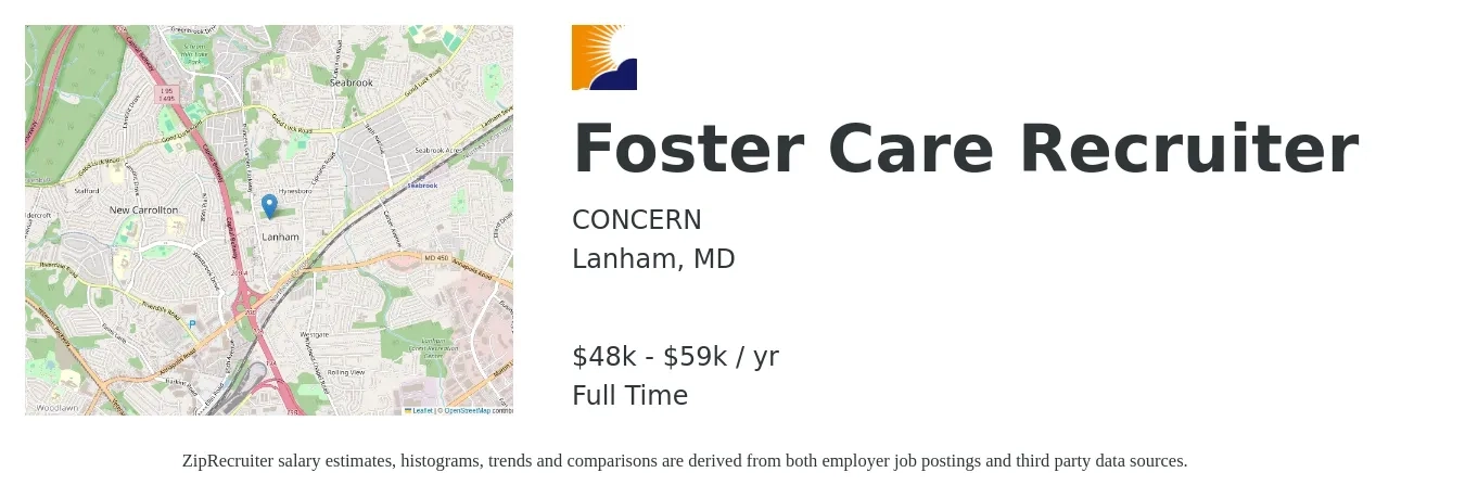 CONCERN job posting for a Foster Care Recruiter in Lanham, MD with a salary of $48,600 to $59,400 Yearly with a map of Lanham location.