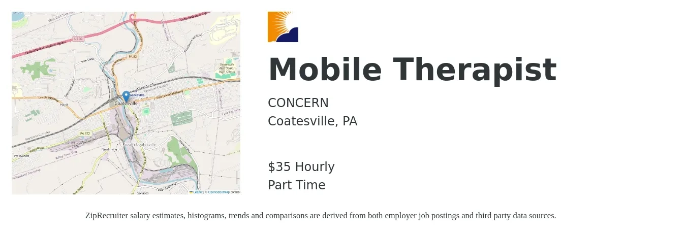 CONCERN job posting for a Mobile Therapist in Coatesville, PA with a salary of $37 Hourly with a map of Coatesville location.