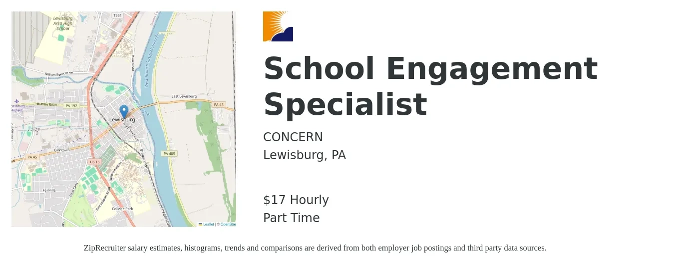CONCERN job posting for a School Engagement Specialist in Lewisburg, PA with a salary of $18 Hourly with a map of Lewisburg location.
