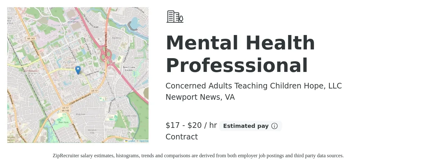 Concerned Adults Teaching Children Hope, LLC job posting for a Mental Health Professsional in Newport News, VA with a salary of $18 to $21 Hourly with a map of Newport News location.